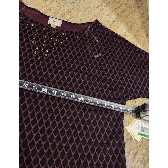 New! ECI Size L Sweater Black Purple Embellished Neck Rhinestone Geometric - Picture 3 of 16